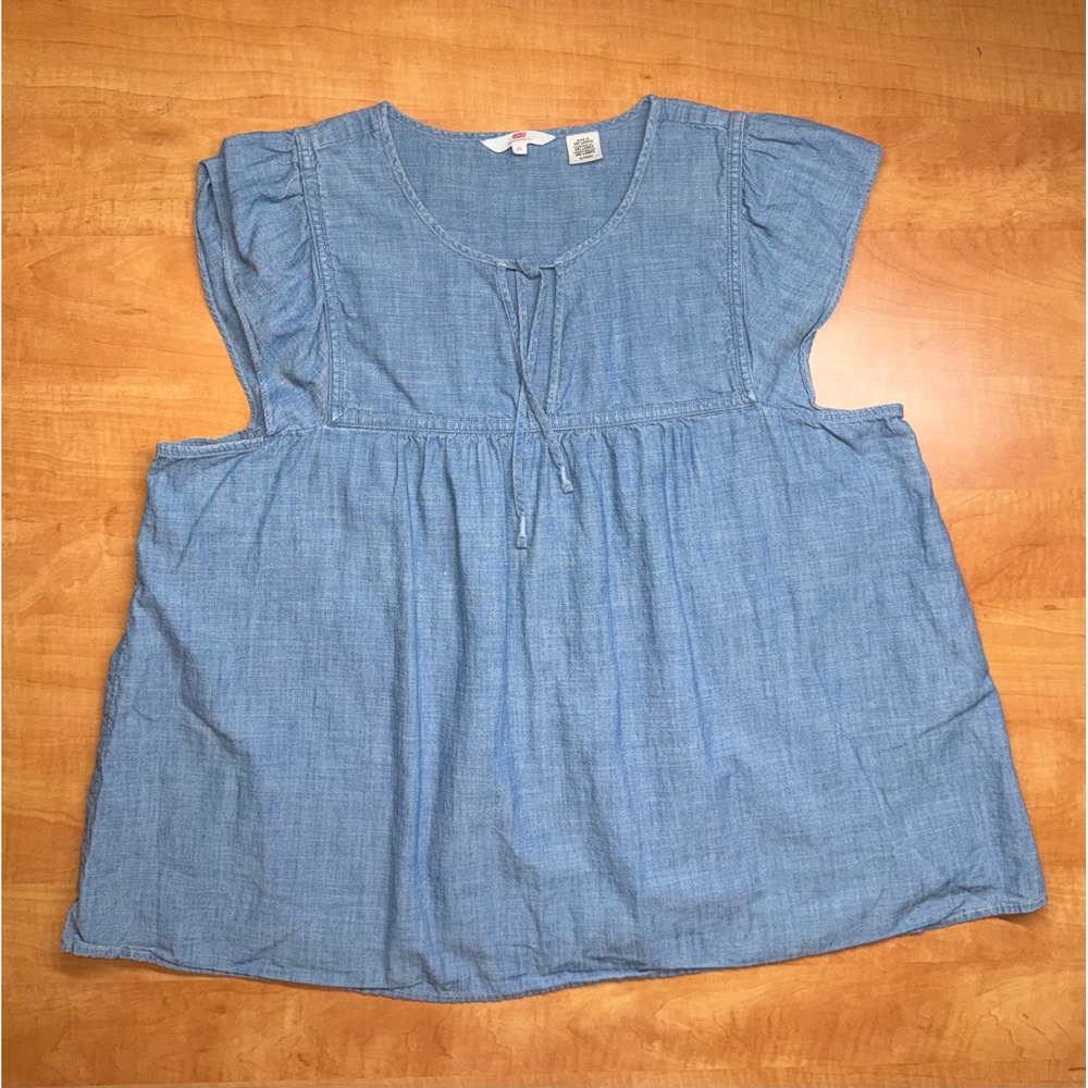 Levis Womens XL Blue Chambray Babydoll Top Flutter Sleeve Tie Neck Blouse